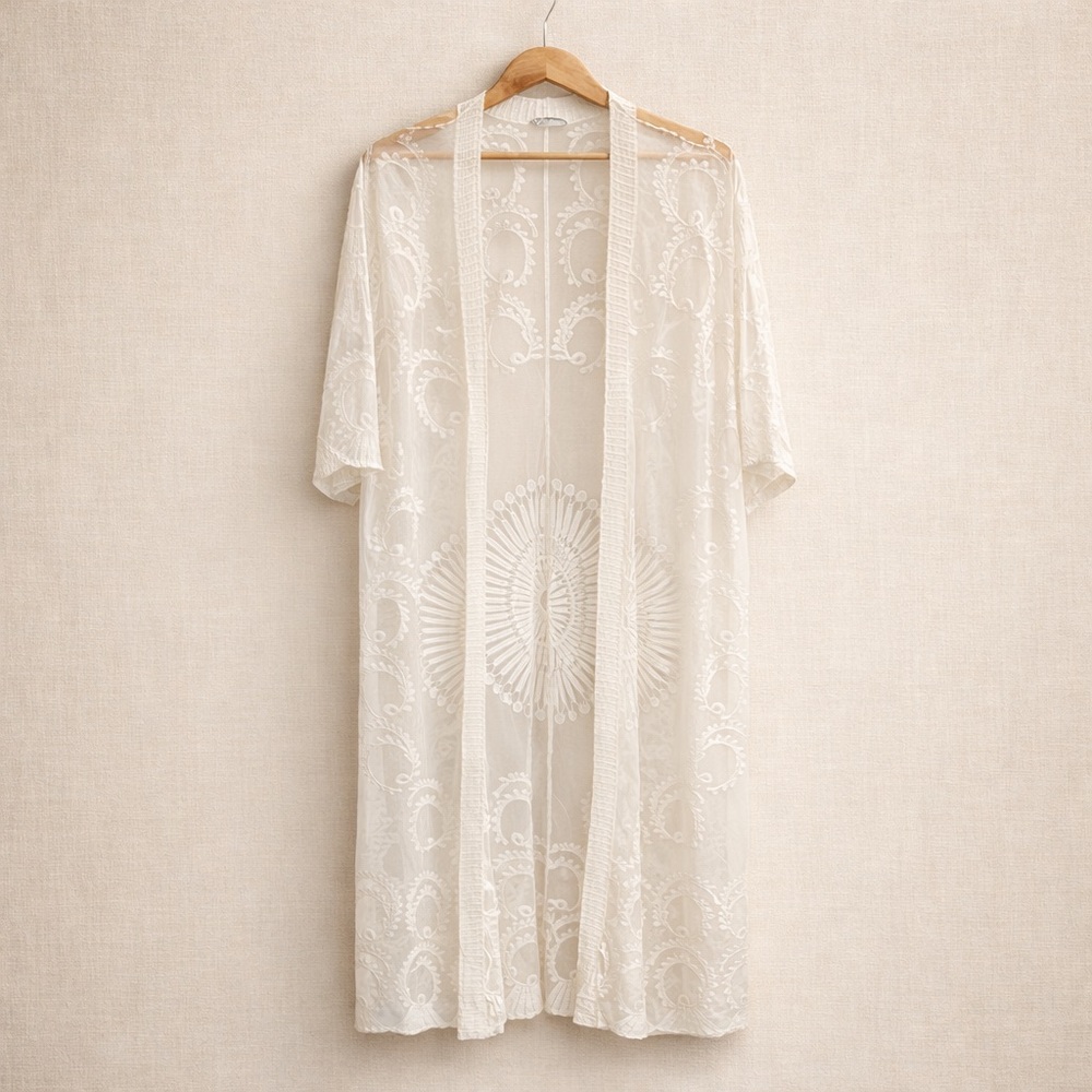 DEX Lace Kimono Duster Ivory Sheer Embroidered Maxi Open  Boho Layering Cardigan